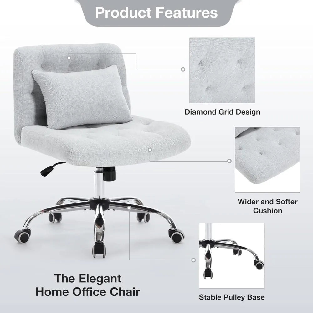 Armless Fabric Office Desk Chair with Wheels, Criss Cross Legged Wide Seat Chair, Modern Home Office Chair with Lumbar Pillow, Comfy Computer Task Chair for Small Space, Vanity Chair for Women, Girls - Home Fusion