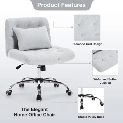 Armless Fabric Office Desk Chair with Wheels, Criss Cross Legged Wide Seat Chair, Modern Home Office Chair with Lumbar Pillow, Comfy Computer Task Chair for Small Space, Vanity Chair for Women, Girls - Home Fusion