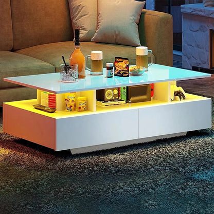 YITAHOME LED Coffee Table with Storage, High Glossy LED Coffee Tables for Living Room, Small Center Table with Open Display Shel - Home Fusion
