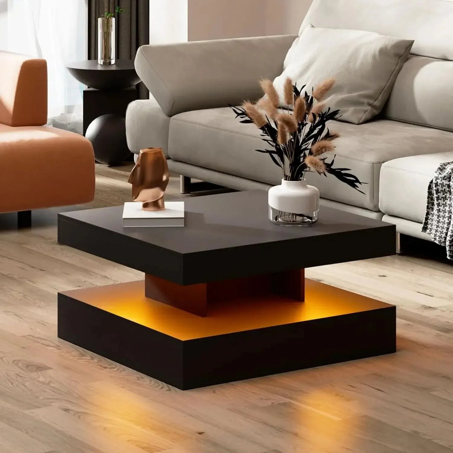 Black LED Coffee Table with Storage for Living Room Modern Smart Tall Square Center Table 2 Tier Display Shelf 20 Colors Light - Home Fusion