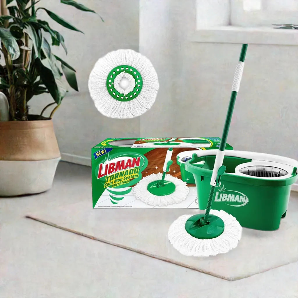 Tornado Spin Mop System - Mop and Bucket with Wringer Set for Floor Cleaning - 2 Total Mop Heads Included, Green - Home Fusion