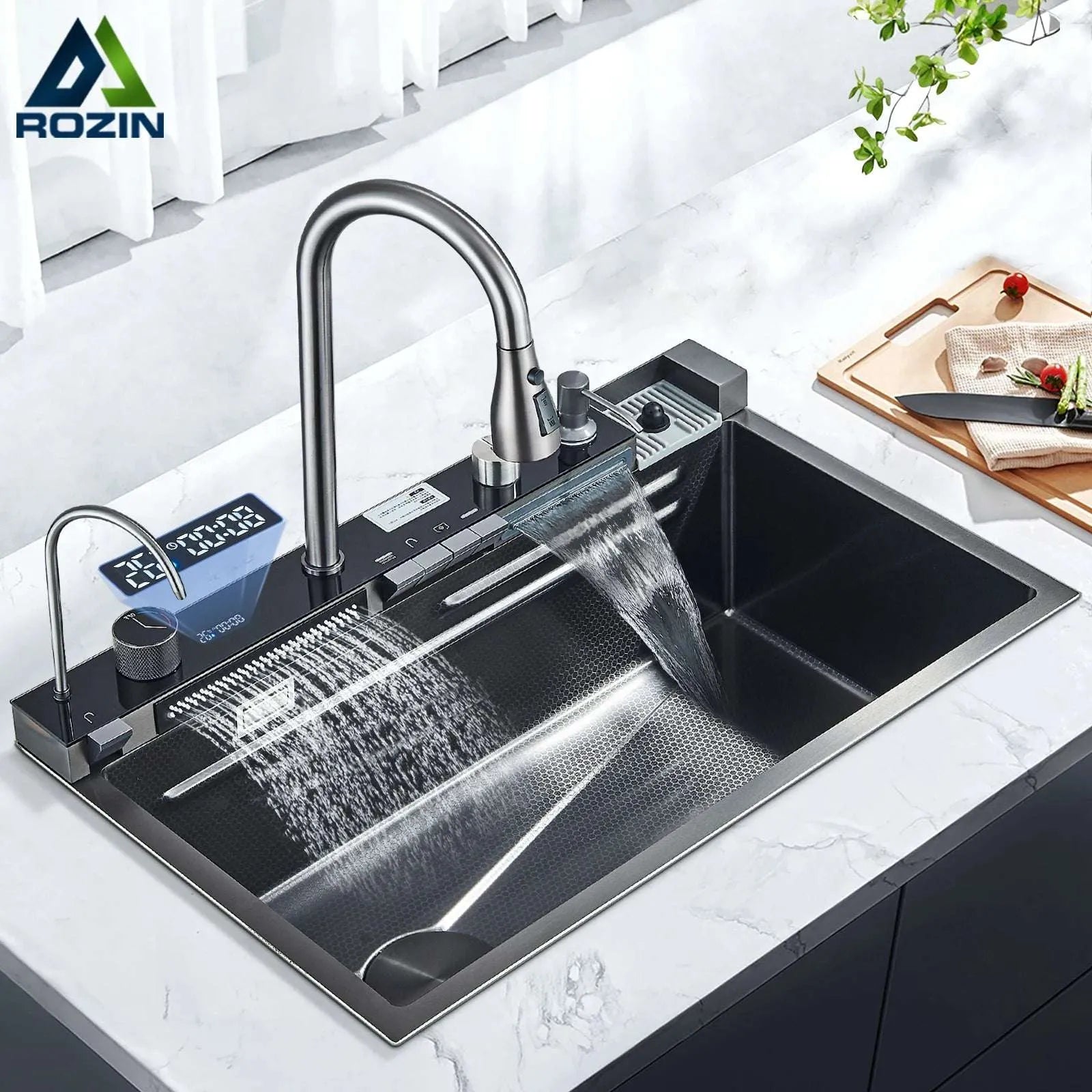 Stainless Steel Kitchen Sink with Faucet Digital Display Large Single Bowl Waterfall Rain 5 Functions System Dish Basin Sink - Home Fusion