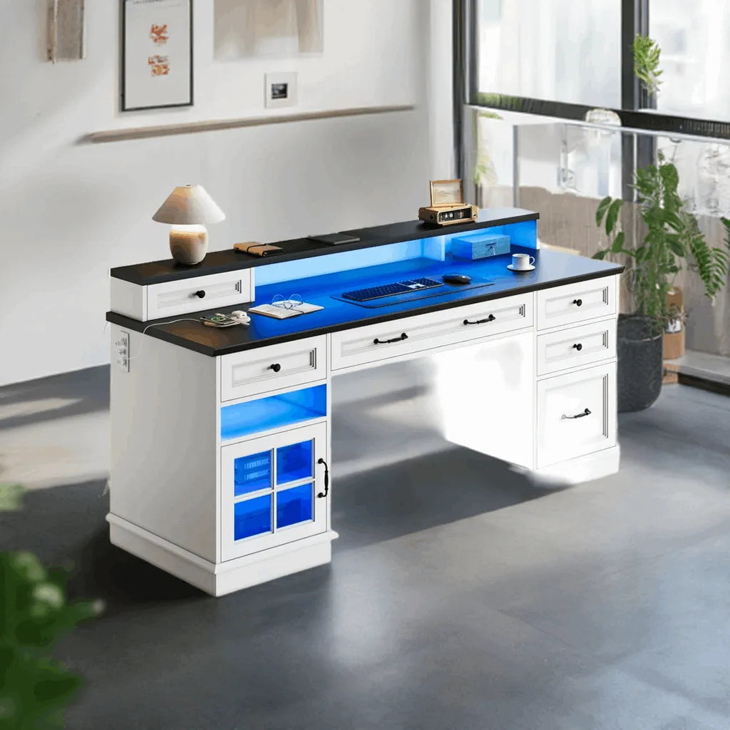 Farmhouse Executive Desk with Drawers Computer Desk with File Drawers, Power Outlet and Led Lights, Executive Office Desk - Home Fusion