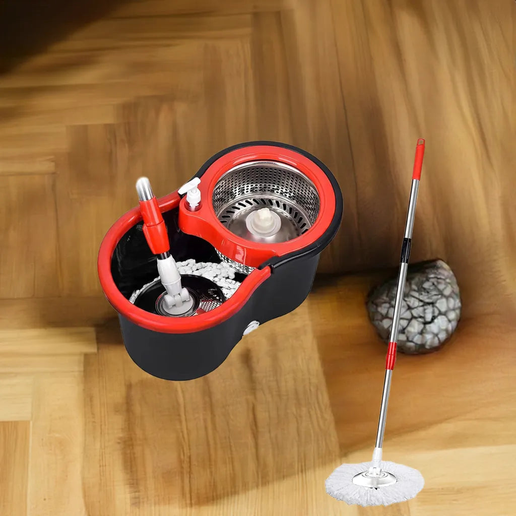 360° Spin Mop Bucket Sets with Wring System in 3 Microfiber Heads, Stainless Steel Basket 61" Extended Handle Floor Cleaning - Home Fusion