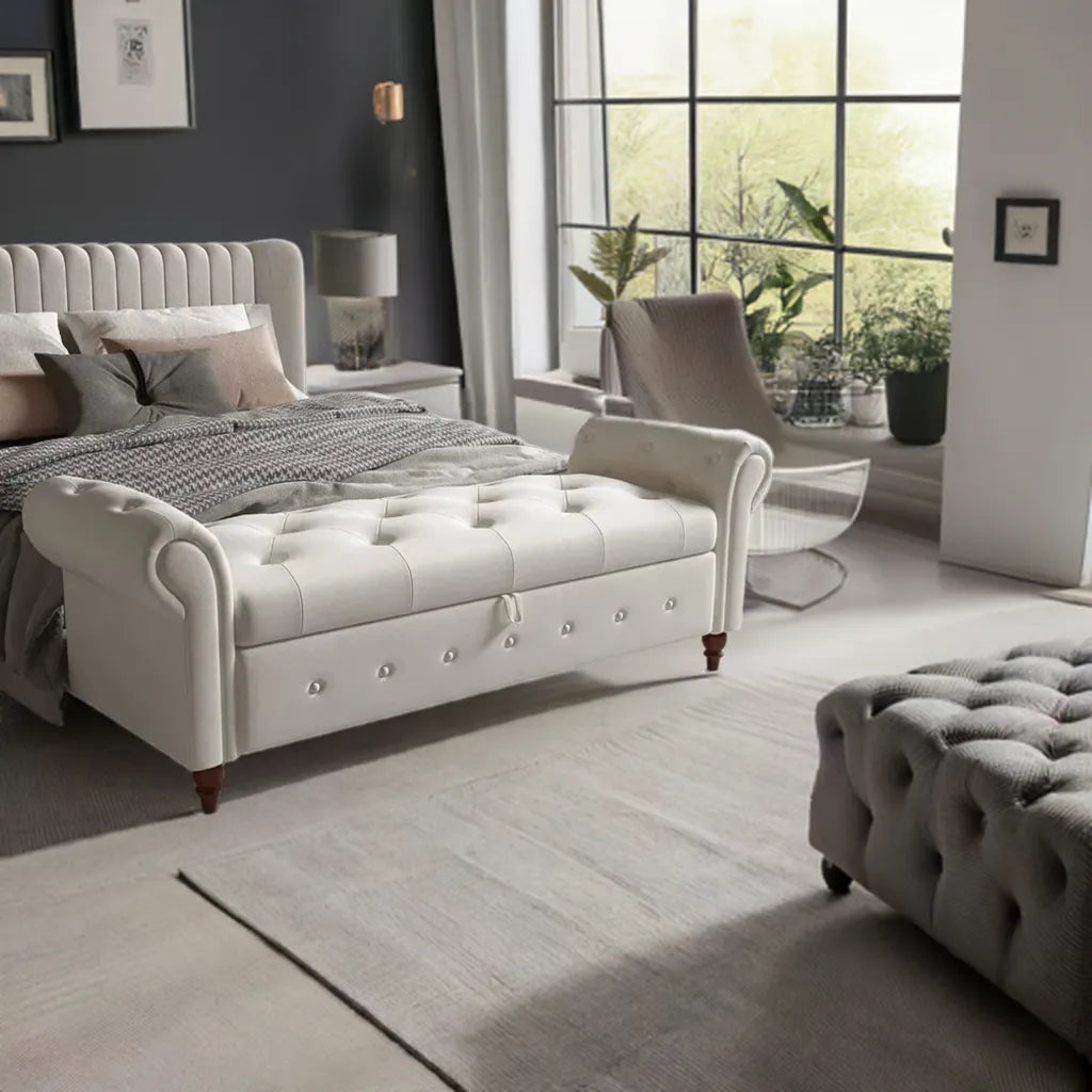 Storage Ottoman Bench, End of Bed Button Tufted Ottoman Bench, Rolled Armed Ottoman Couch Long Bench for Bedroom, Living Room - Home Fusion
