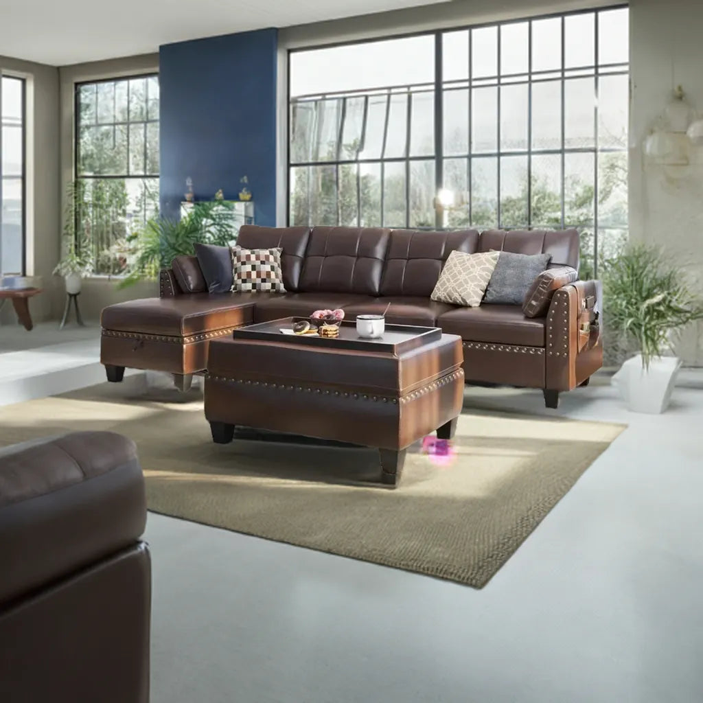 Leather Sectional Sofa with Ottoman - Easy Assembly, Storage Space,Living Room Sofa - Home Fusion