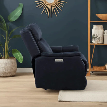 Clean Contemporary Dual-Power Recliner - Ocean Blue Leatherette, Power Footrest, Power Headrest - Easy-Care and Convenience - Home Fusion