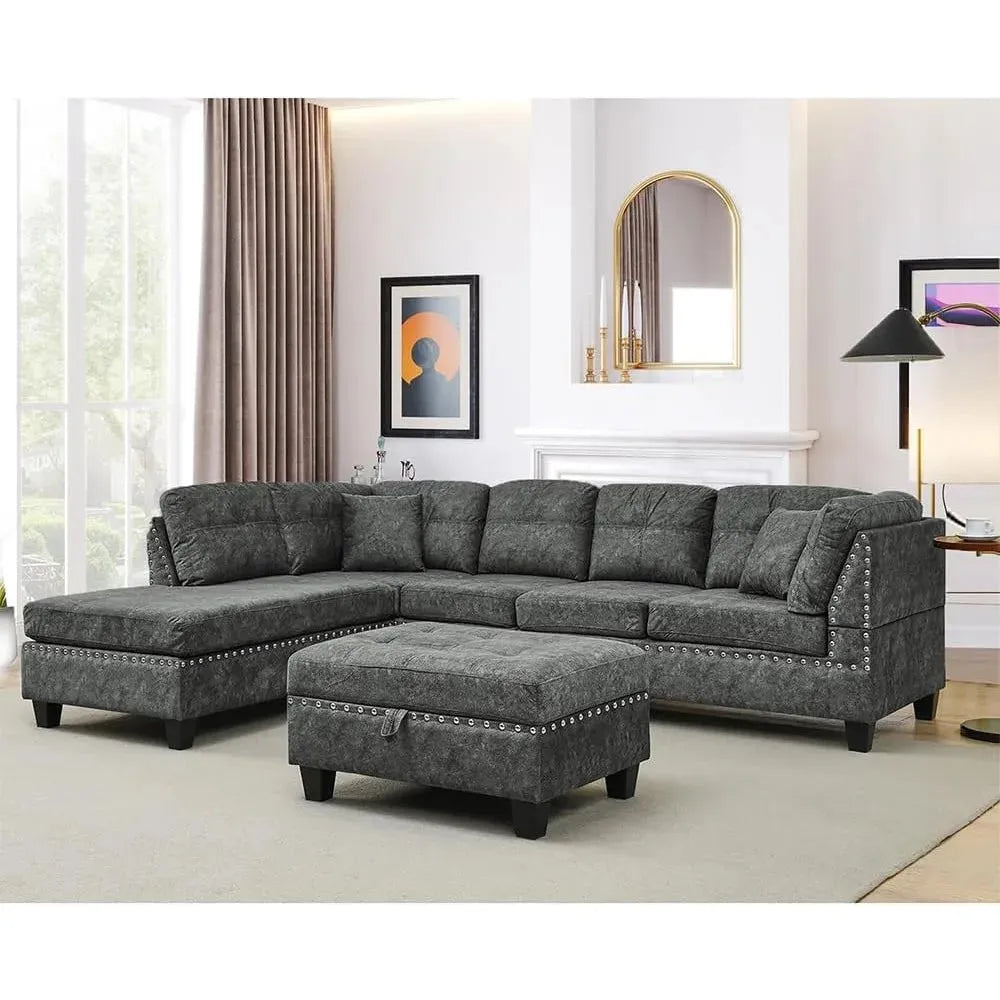 Living Room Furniture Sets,Sectional Sofa with Storage Ottoman,L-Shaped 2 Pillows&Extra Wide Reversible Chaise,