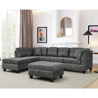 Living Room Furniture Sets,Sectional Sofa with Storage Ottoman,L-Shaped 2 Pillows&Extra Wide Reversible Chaise,