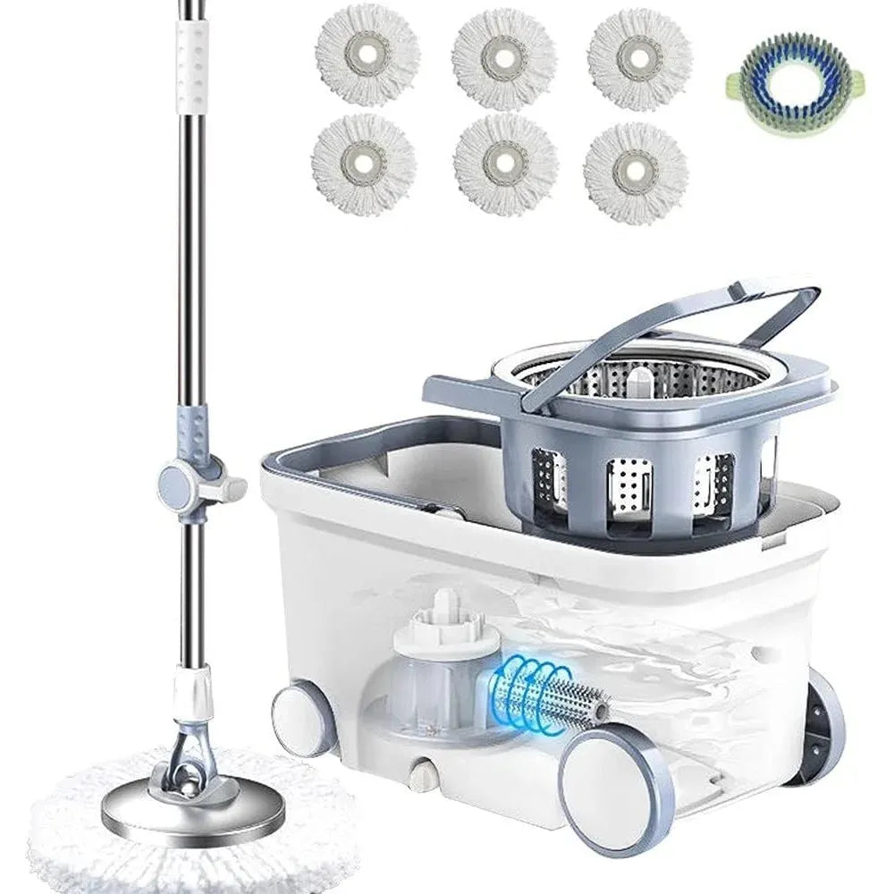 Spin Mop Bucket Deluxe 360 Spinning Floor Cleaning System with 6 Microfiber Replacement Head Refills,62" Extended Handle - Home Fusion