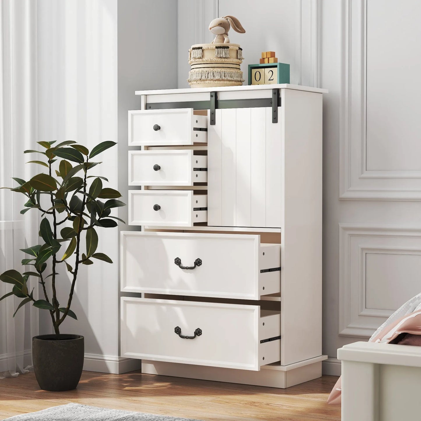 Farmhouse Tall Drawer Chest – 5 Drawers & Sliding Door Storage Shelf - Home Fusion