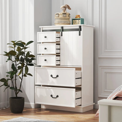 Farmhouse Tall Drawer Chest – 5 Drawers & Sliding Door Storage Shelf - Home Fusion