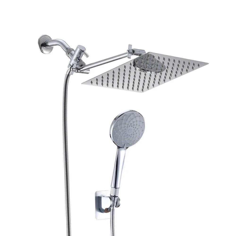 Chrome Shower Head, 10 Inch High Pressure Rainfall Shower Head/Handheld Shower Combo with 11 Inch Extension Arm, 6 Settings Adjustable Anti-leak Shower Head with Holder/Hose, Height/Angle Adjustable - Home Fusion