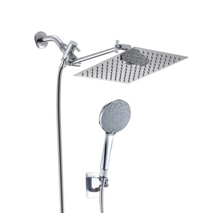 Chrome Shower Head, 10 Inch High Pressure Rainfall Shower Head/Handheld Shower Combo with 11 Inch Extension Arm, 6 Settings Adjustable Anti-leak Shower Head with Holder/Hose, Height/Angle Adjustable - Home Fusion