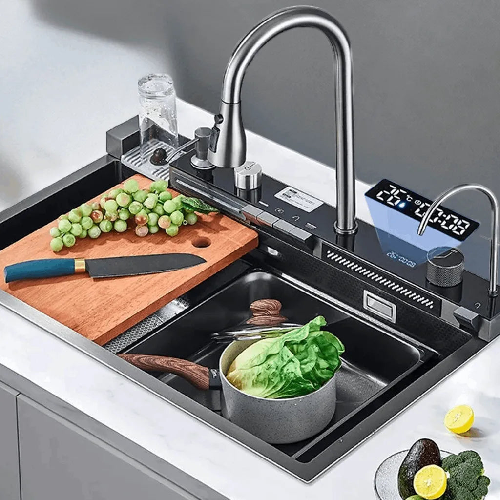 304 Stainless Steel Waterfall Kitchen Sink Large Single Slot Integrated Digital Display Faucet Set Soap Dispenser Cup Washer