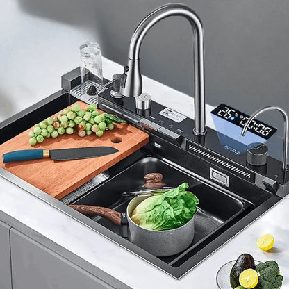 304 Stainless Steel Waterfall Kitchen Sink Large Single Slot Integrated Digital Display Faucet Set Soap Dispenser Cup Washer