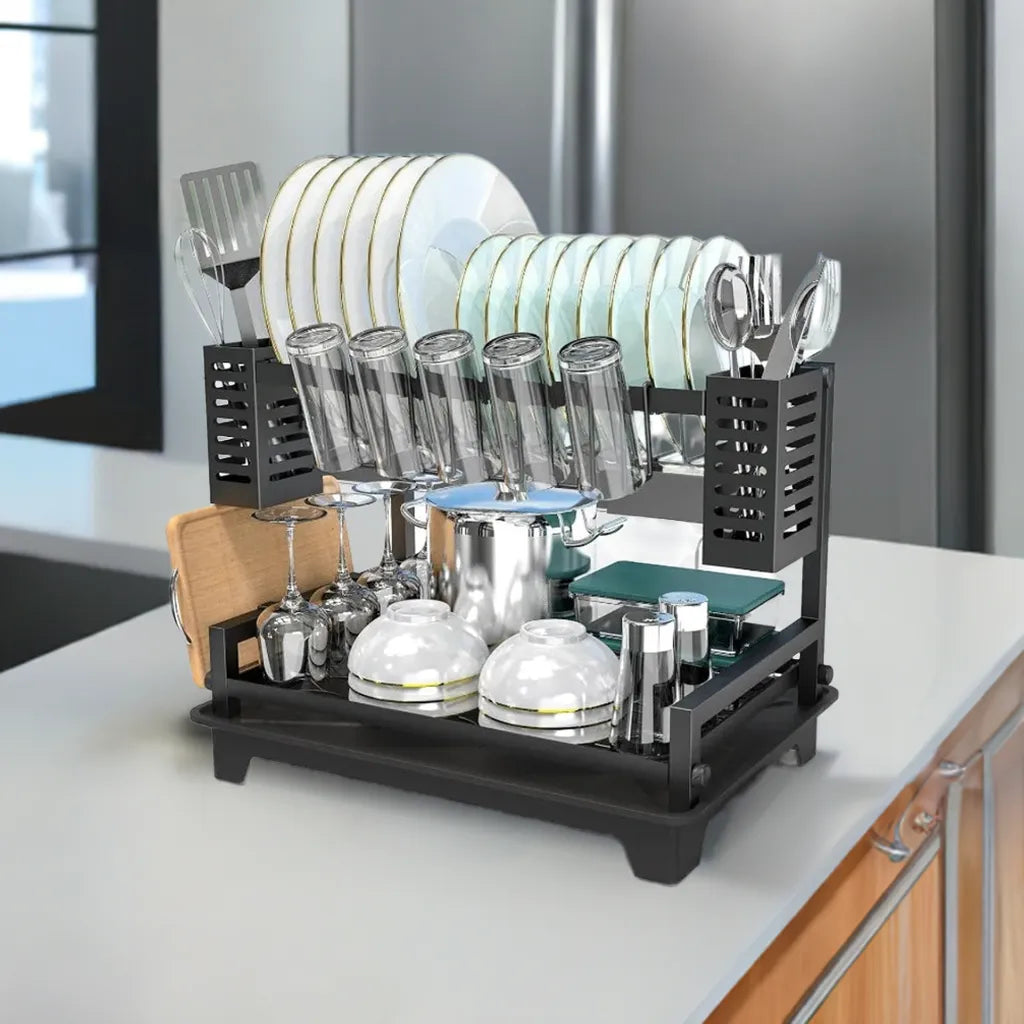 Dish Drying Rack for Kitchen Counter with Drainboard & Utensil Holders - Home Fusion