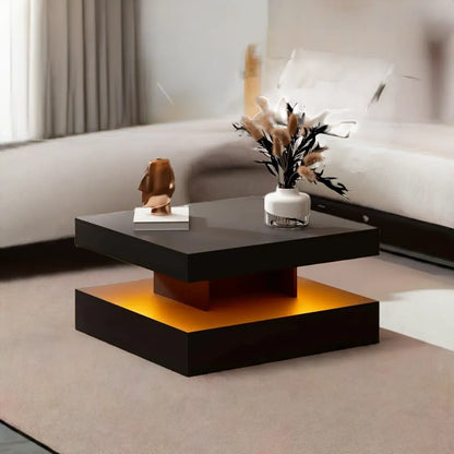 Black LED Coffee Table with Storage for Living Room Modern Smart Tall Square Center Table 2 Tier Display Shelf 20 Colors Light - Home Fusion