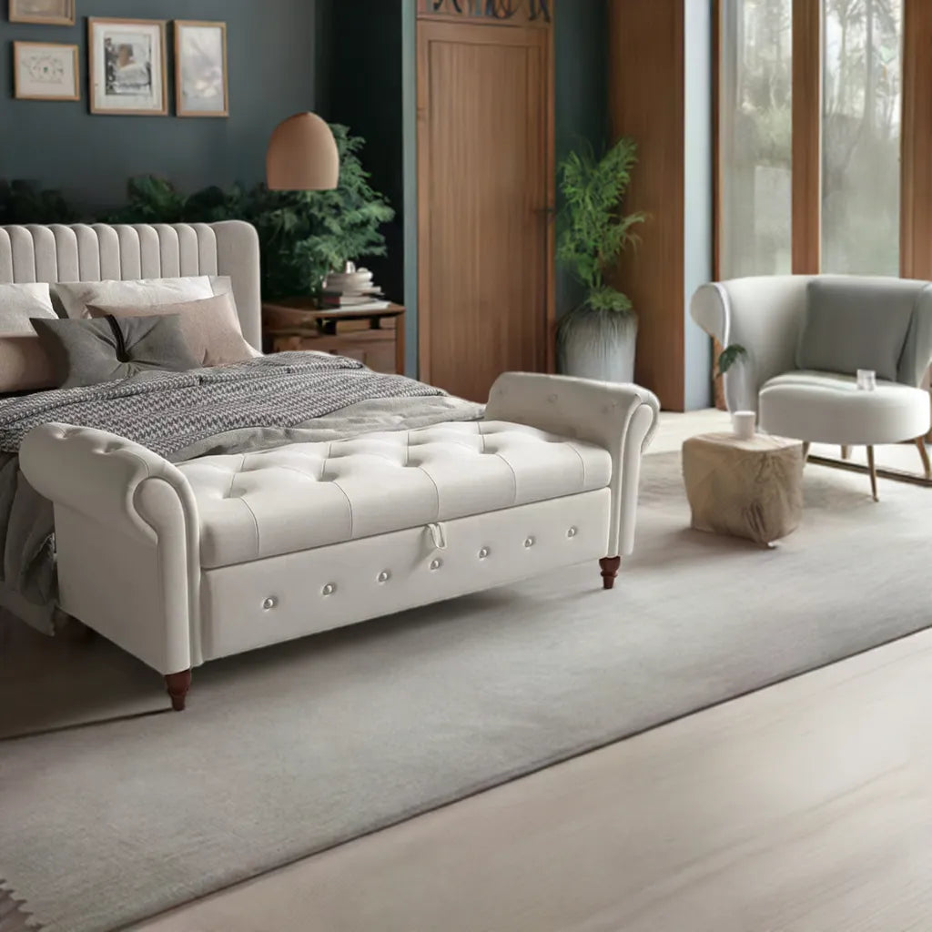 Storage Ottoman Bench, End of Bed Button Tufted Ottoman Bench, Rolled Armed Ottoman Couch Long Bench for Bedroom, Living Room - Home Fusion