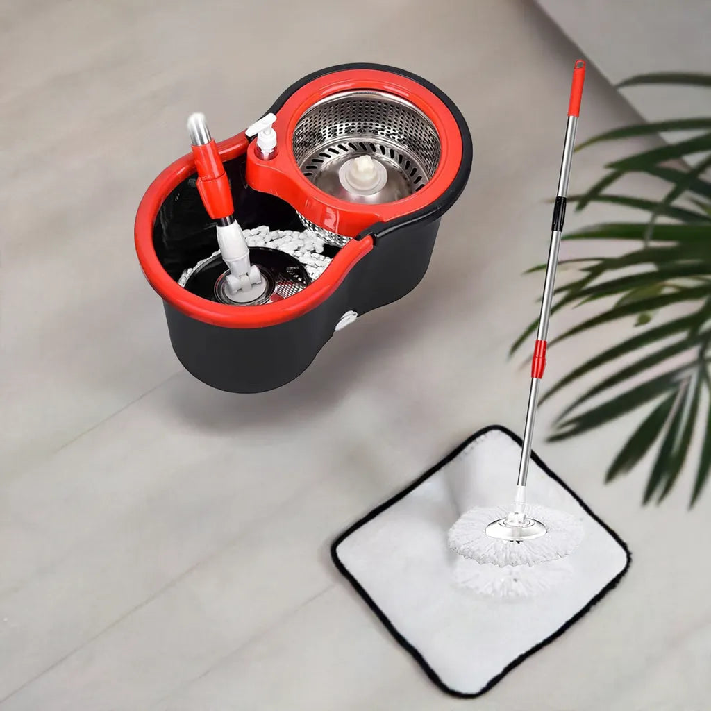 360° Spin Mop Bucket Sets with Wring System in 3 Microfiber Heads, Stainless Steel Basket 61" Extended Handle Floor Cleaning - Home Fusion