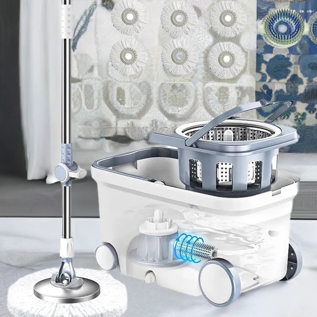 Spin Mop Bucket Deluxe 360 Spinning Floor Cleaning System with 6 Microfiber Replacement Head Refills,62" Extended Handle - Home Fusion