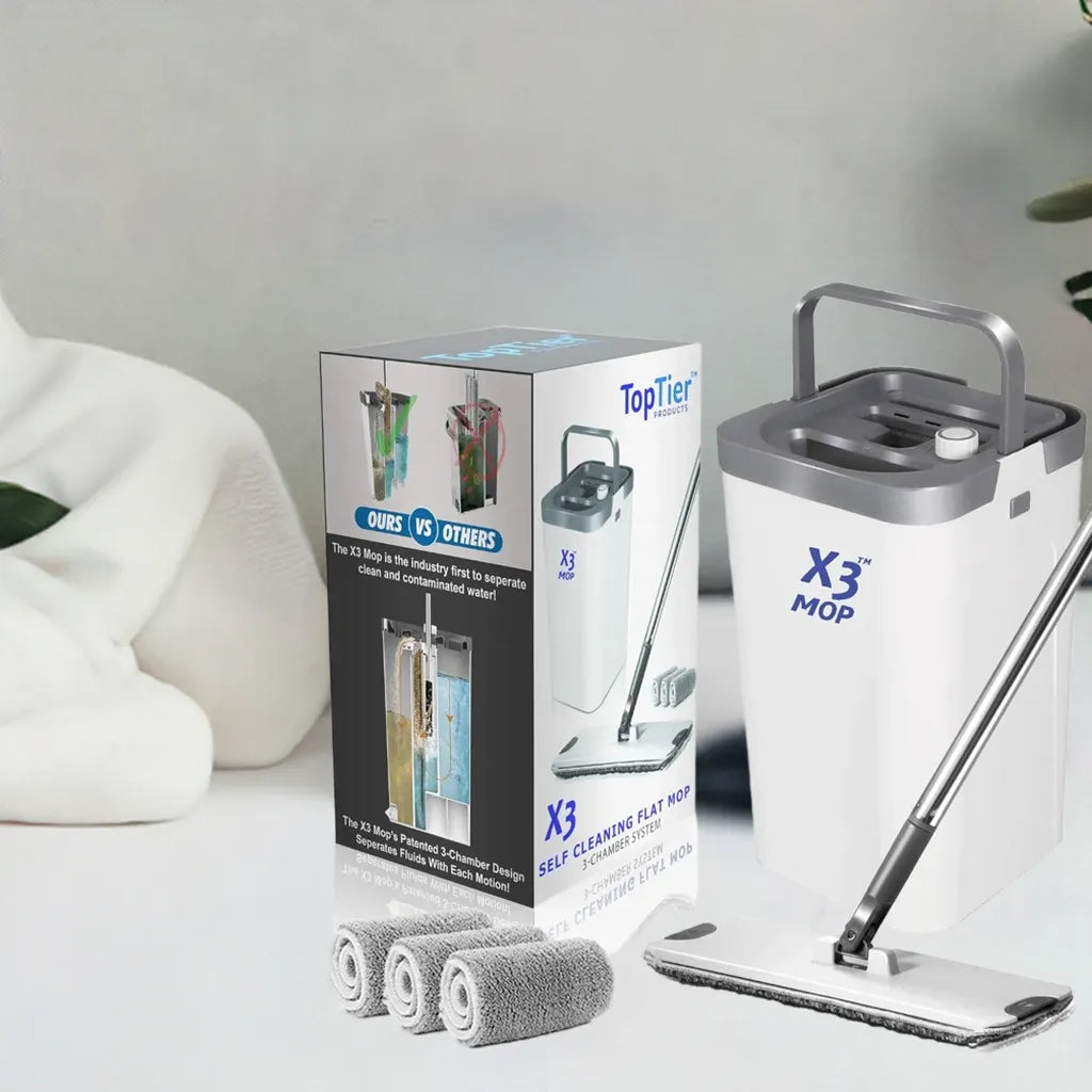 X3 Mop, Separates Dirty and Clean Water, 3-Chamber Design, Flat Mop and Bucket Set, Hands Free Home Floor Cleaning - Home Fusion