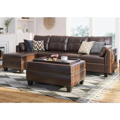 Leather Sectional Sofa with Ottoman - Easy Assembly, Storage Space,Living Room Sofa - Home Fusion
