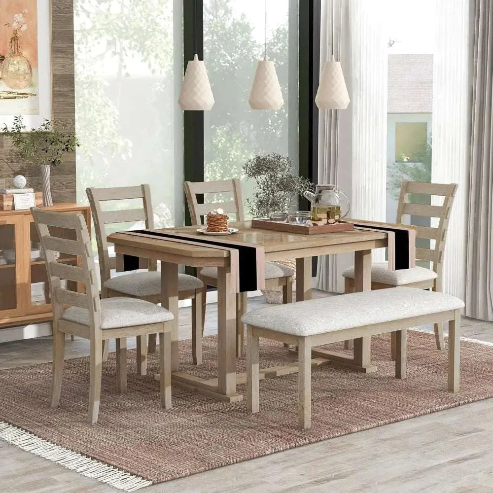 6 Pieces Dining Table Set with Bench. - Home Fusion