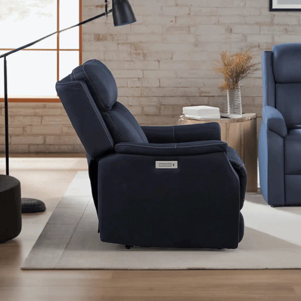 Clean Contemporary Dual-Power Recliner - Ocean Blue Leatherette, Power Footrest, Power Headrest - Easy-Care and Convenience - Home Fusion