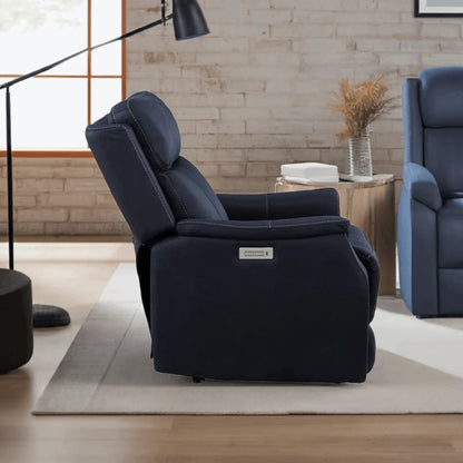 Clean Contemporary Dual-Power Recliner - Ocean Blue Leatherette, Power Footrest, Power Headrest - Easy-Care and Convenience - Home Fusion