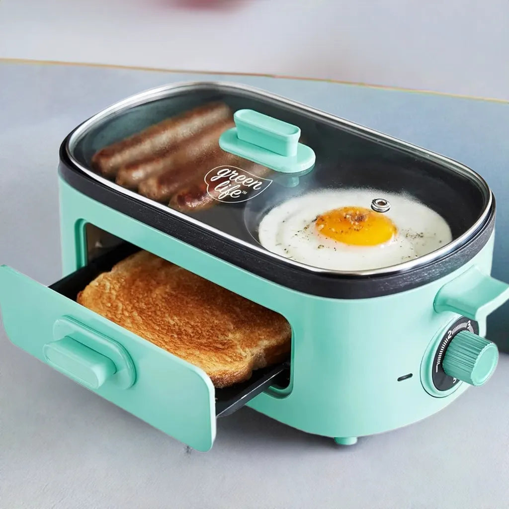 3-in-1 Breakfast Maker Station, Ceramic Nonstick Dual Griddles & Breakfast Sandwiches, 2 Slice Toast Drawer, Turquoise - Home Fusion