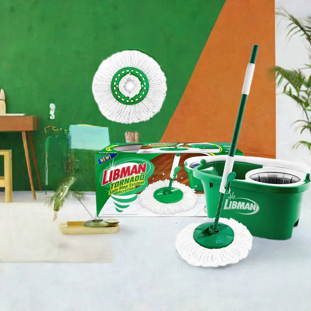 Tornado Spin Mop System - Mop and Bucket with Wringer Set for Floor Cleaning - 2 Total Mop Heads Included, Green - Home Fusion