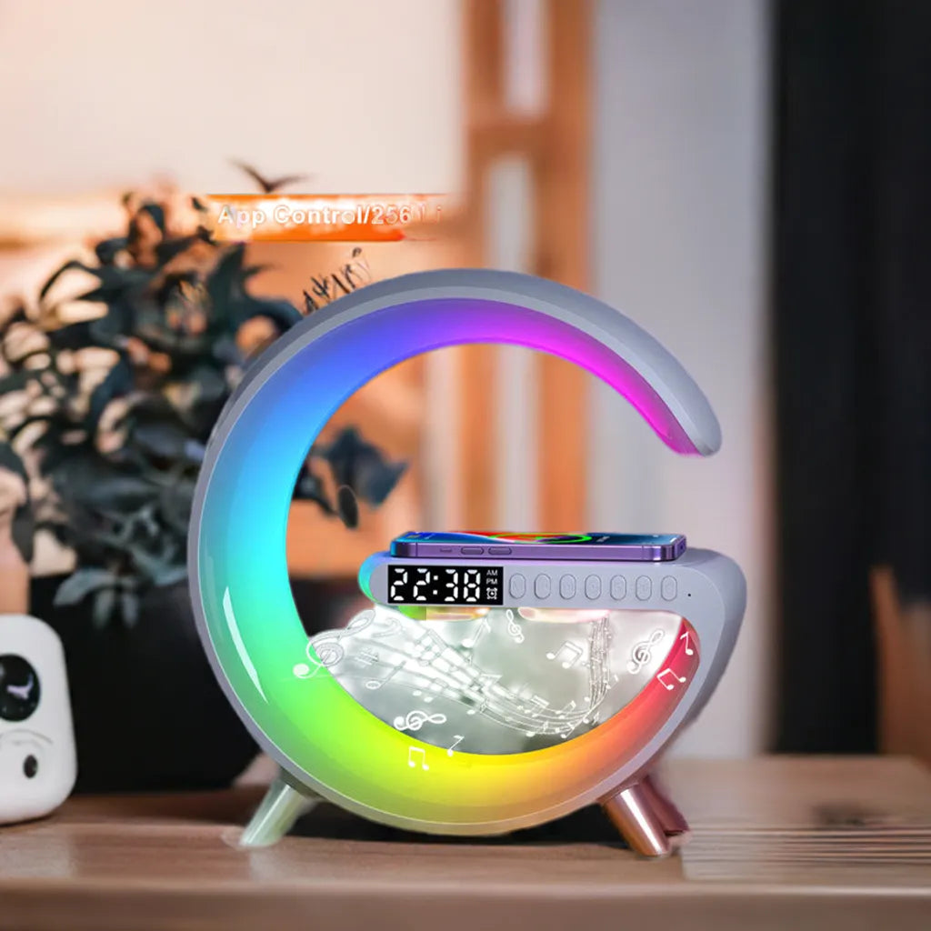 Wireless charger speaker with Bluetooth audio and LED lamp for phone charging