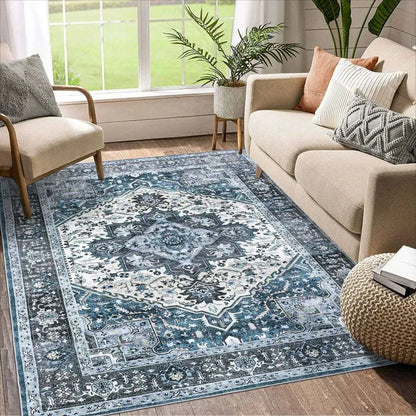 Washable Area Rugs 8x10 Living Room Rug Vintage Medallion Throw Rugs Soft Floor Cover Low Pile Non-Slip Accent Carpet Retro Rug