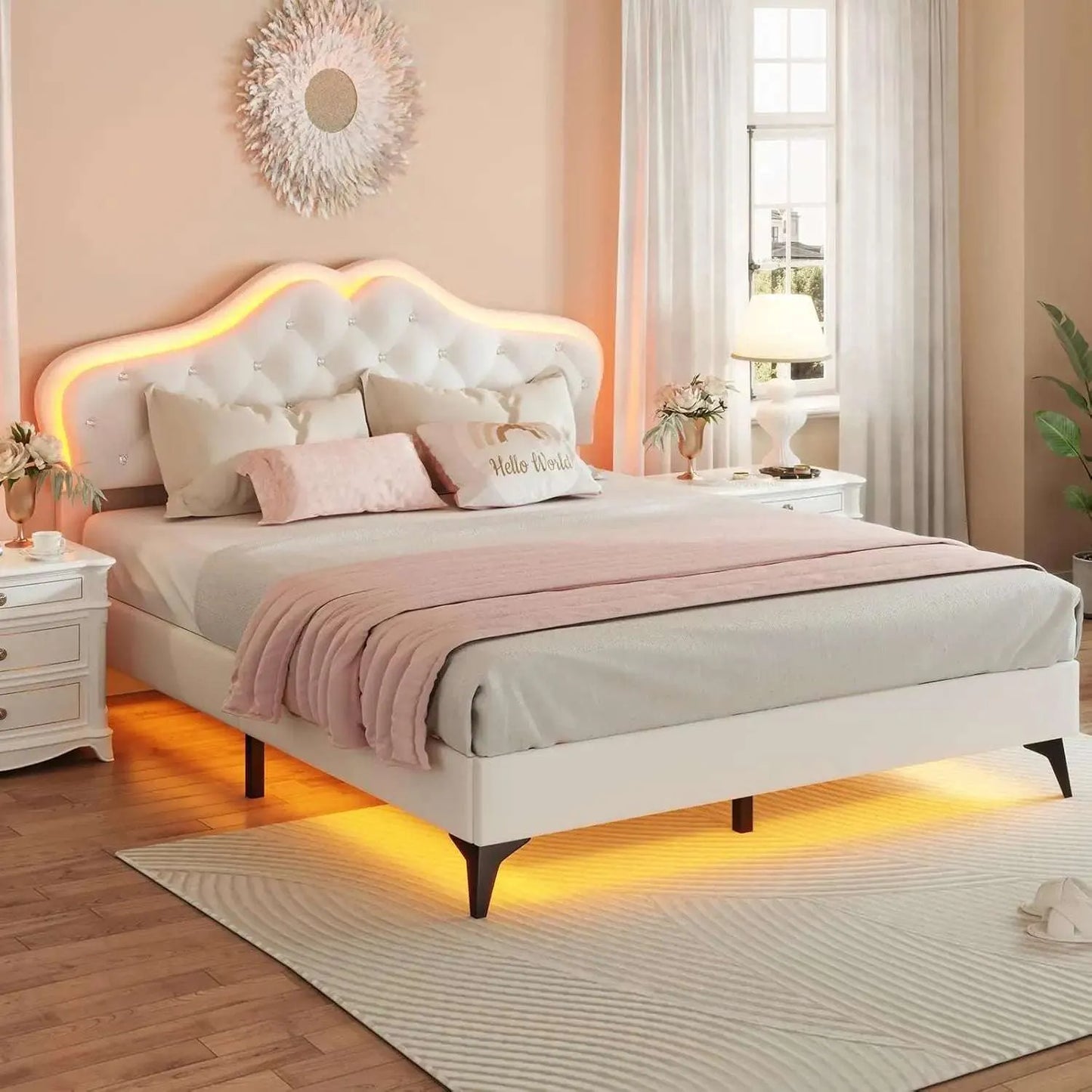 Queen Size Upholstered Bed Frame with LED Lights, Adjustable Headboard with Crystal Button, Solid Wood Slats Support, Beige