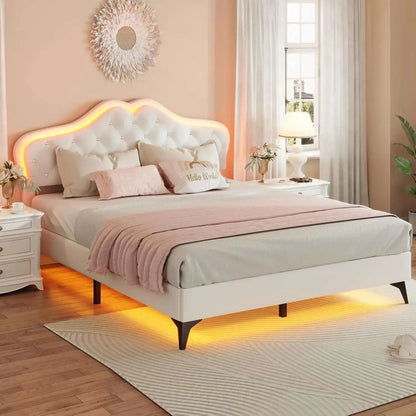 Queen Size Upholstered Bed Frame with LED Lights, Adjustable Headboard with Crystal Button, Solid Wood Slats Support, Beige
