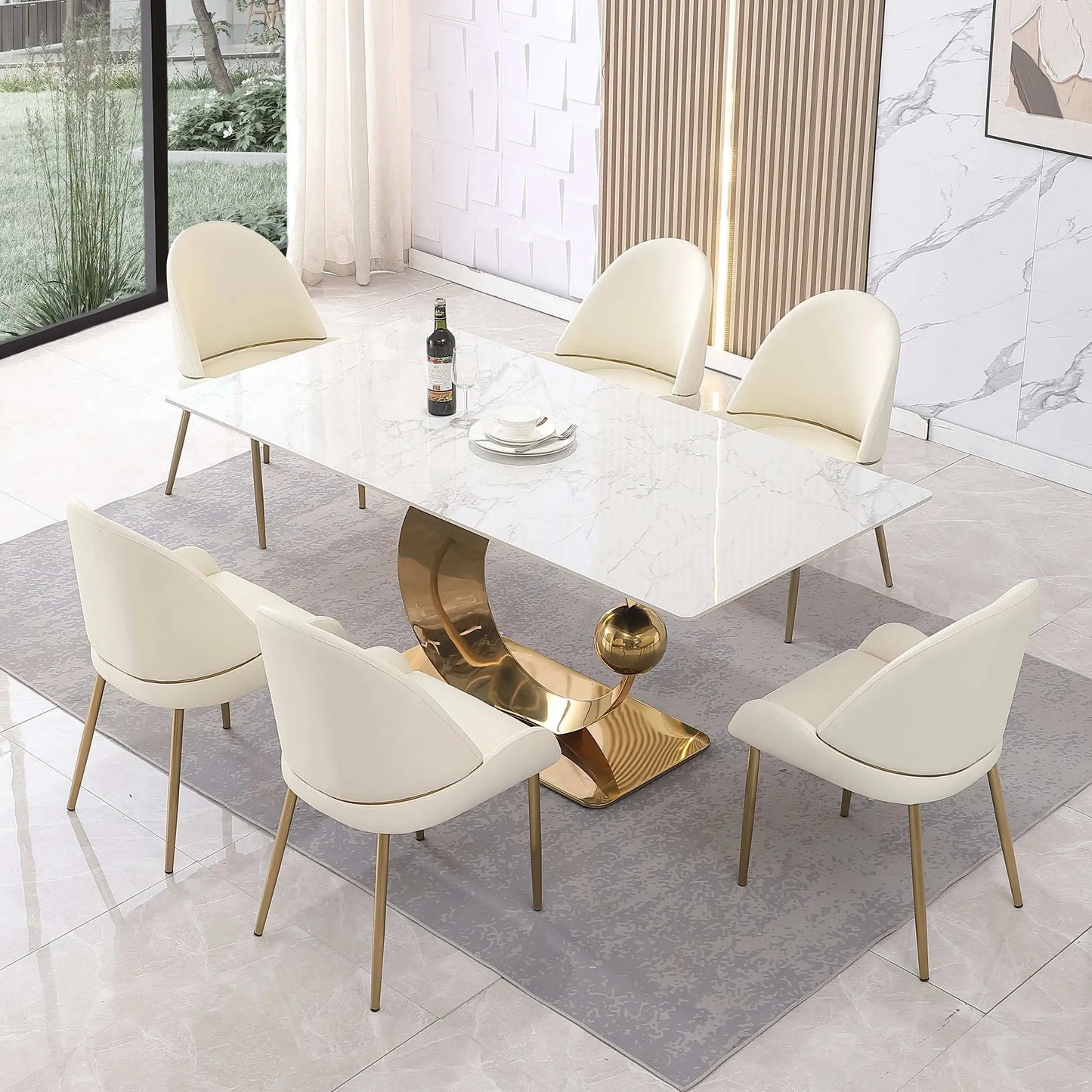 "71-Inch Carrara White Stone Dining Table with Gold Pedestal Base