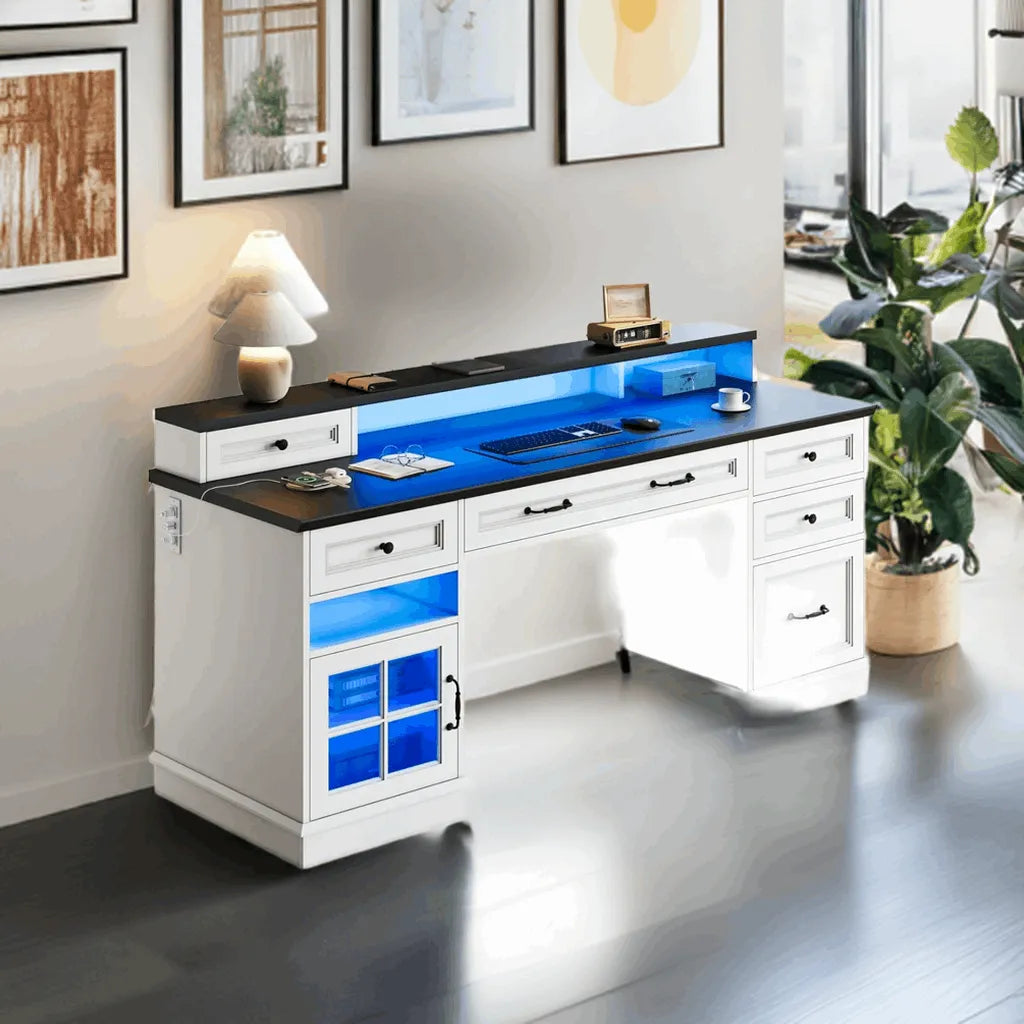 Farmhouse Executive Desk with Drawers Computer Desk with File Drawers, Power Outlet and Led Lights, Executive Office Desk - Home Fusion