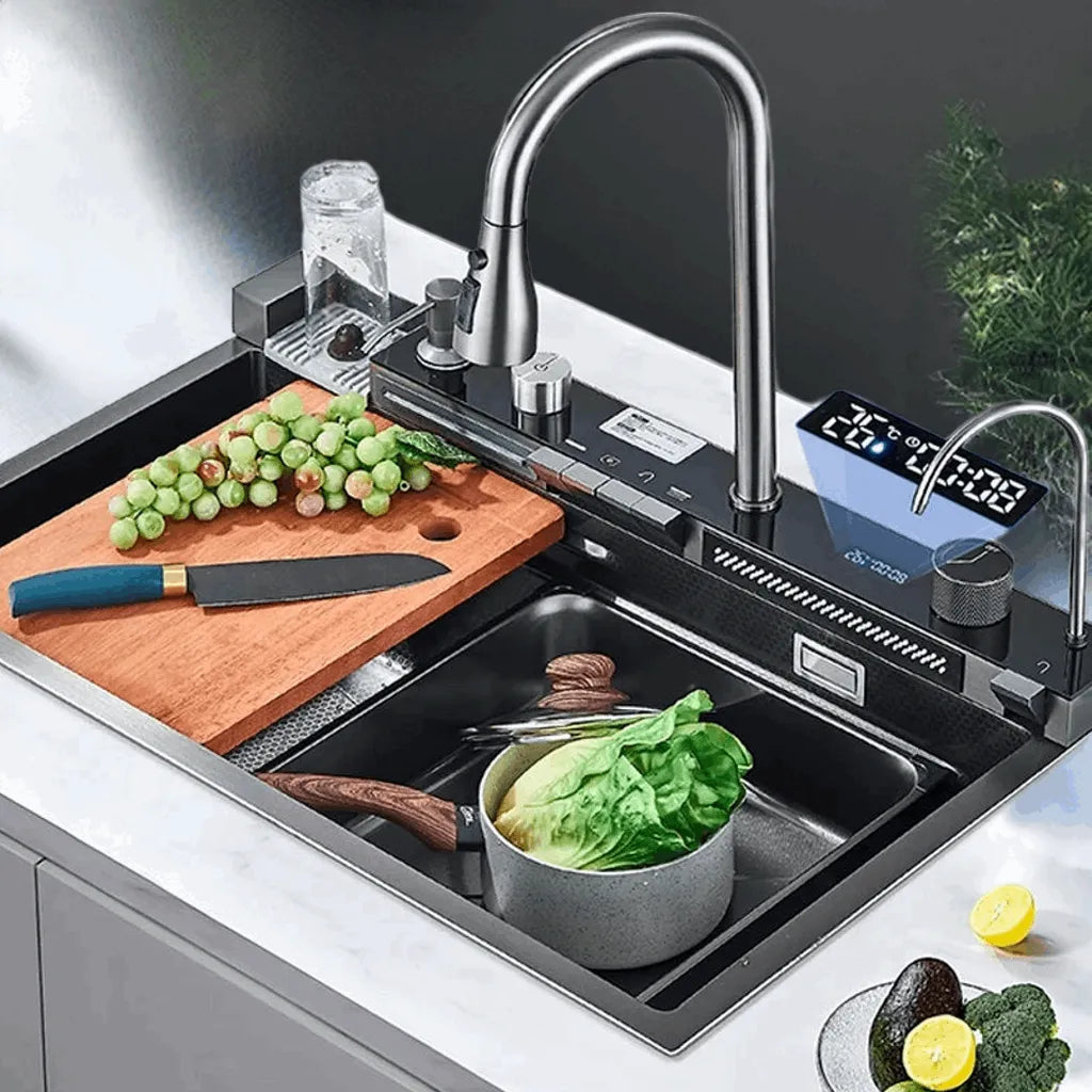 304 Stainless Steel Waterfall Kitchen Sink Large Single Slot Integrated Digital Display Faucet Set Soap Dispenser Cup Washer