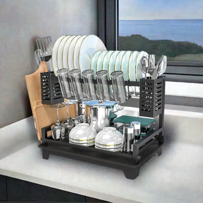 Dish Drying Rack for Kitchen Counter with Drainboard & Utensil Holders - Home Fusion