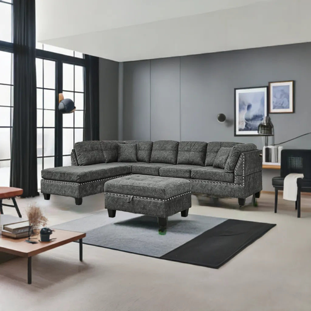 Living Room Furniture Sets,Sectional Sofa with Storage Ottoman,L-Shaped 2 Pillows&Extra Wide Reversible Chaise,