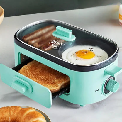 3-in-1 Breakfast Maker Station, Ceramic Nonstick Dual Griddles & Breakfast Sandwiches, 2 Slice Toast Drawer, Turquoise - Home Fusion