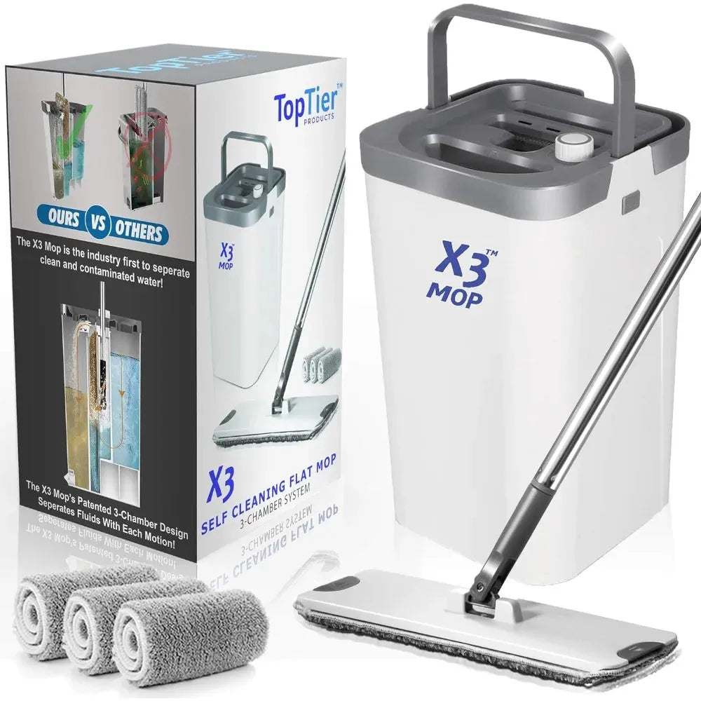 X3 Mop, Separates Dirty and Clean Water, 3-Chamber Design, Flat Mop and Bucket Set, Hands Free Home Floor Cleaning - Home Fusion