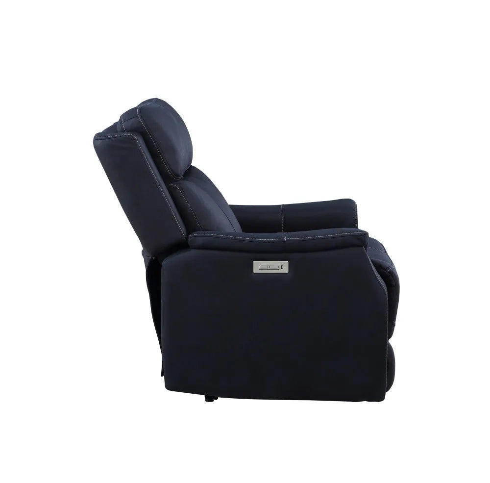 Clean Contemporary Dual-Power Recliner - Ocean Blue Leatherette, Power Footrest, Power Headrest - Easy-Care and Convenience - Home Fusion