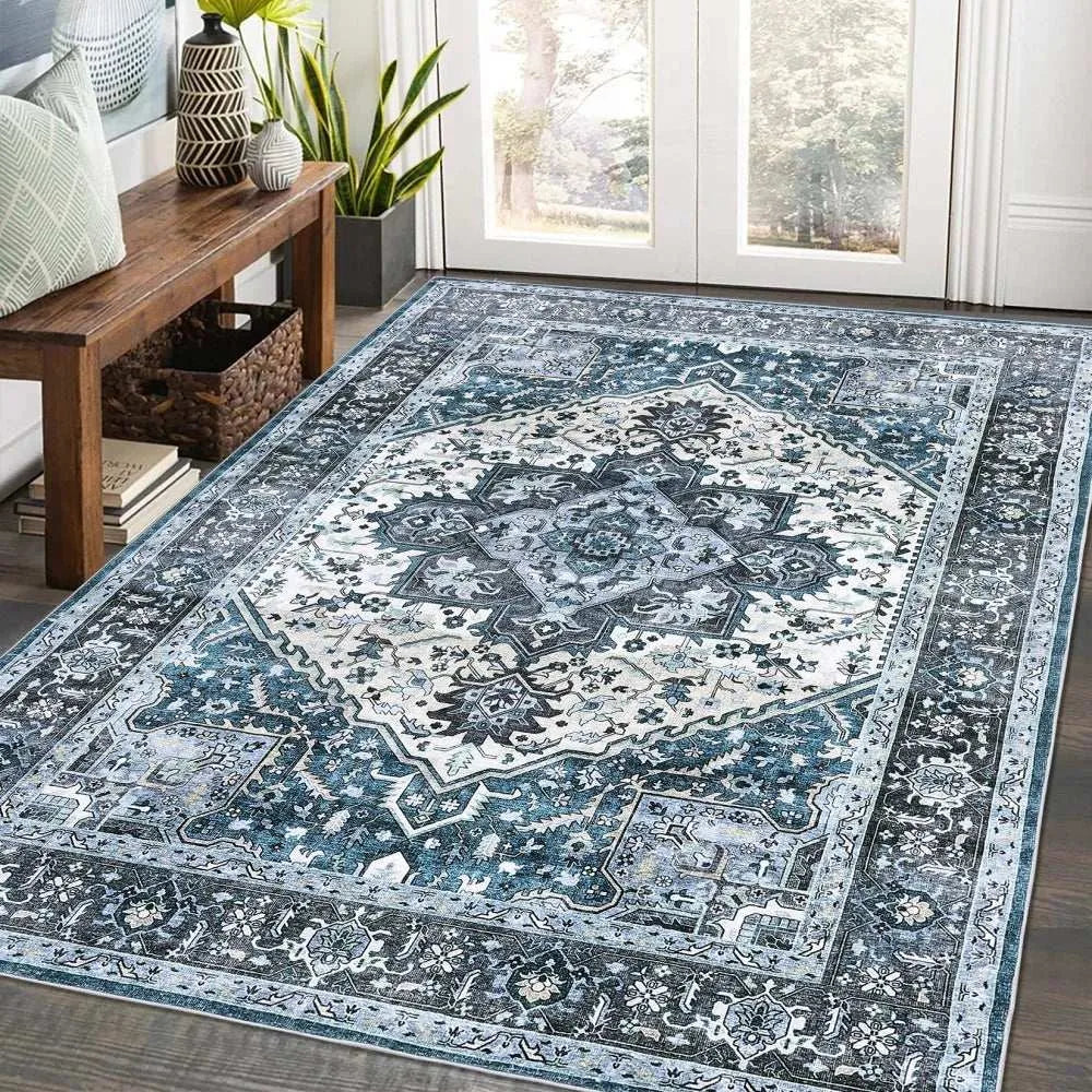 Washable Area Rugs 8x10 Living Room Rug Vintage Medallion Throw Rugs Soft Floor Cover Low Pile Non-Slip Accent Carpet Retro Rug