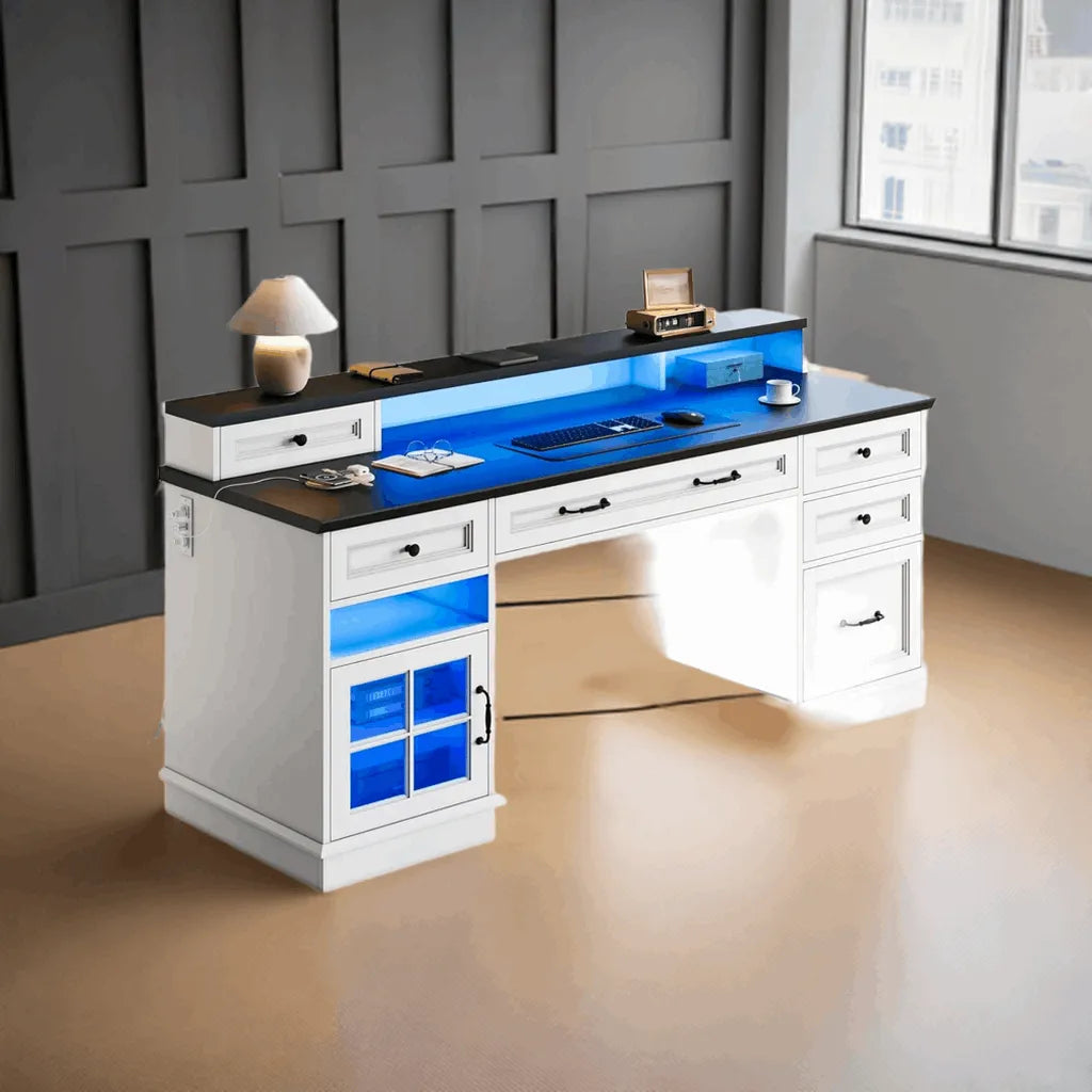 Farmhouse Executive Desk with Drawers Computer Desk with File Drawers, Power Outlet and Led Lights, Executive Office Desk - Home Fusion