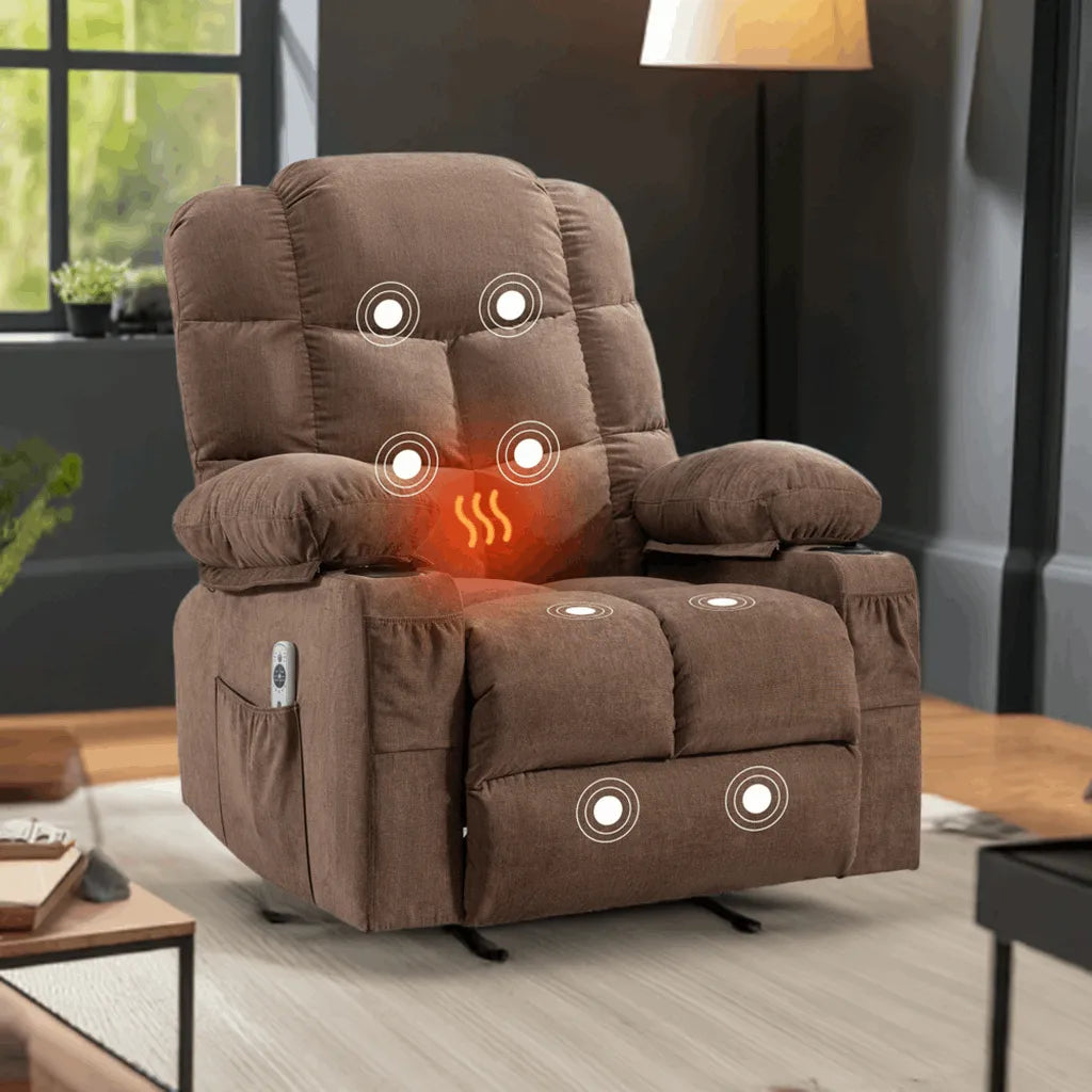 Massage Rocker Recliner Chair Rocking Chairs for Adults Oversized with 2 Cup Holders, USB Charge Port Soft Features a Manual Massage and Heat.(A+B)BROWN - Home Fusion