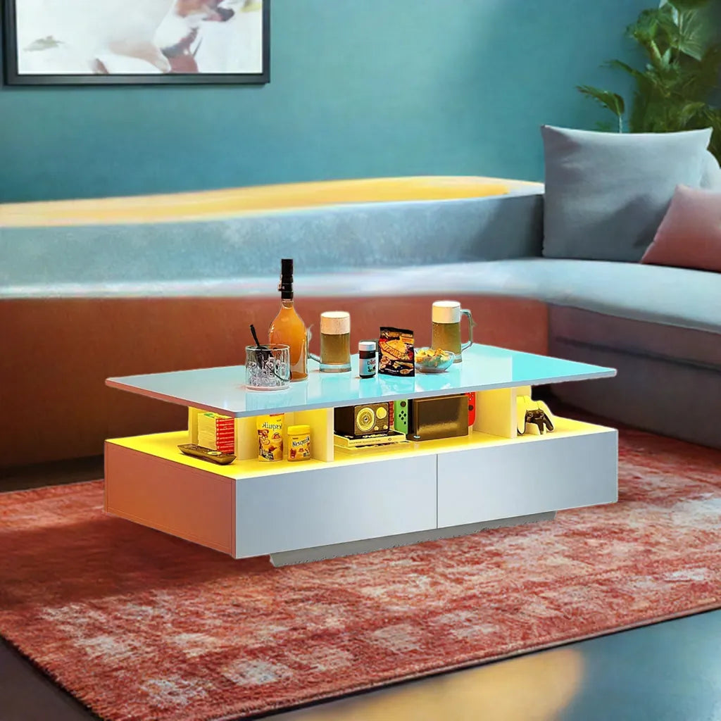 YITAHOME LED Coffee Table with Storage, High Glossy LED Coffee Tables for Living Room, Small Center Table with Open Display Shel - Home Fusion