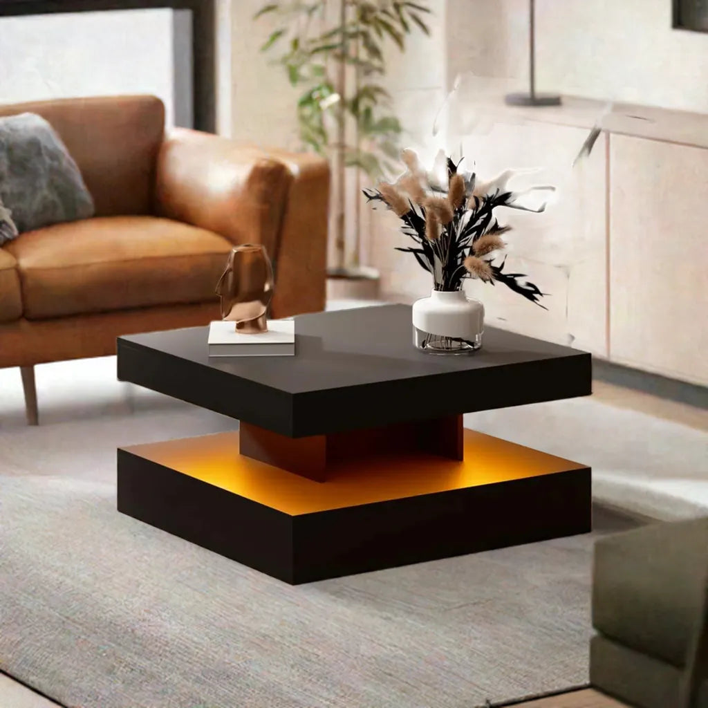 Black LED Coffee Table with Storage for Living Room Modern Smart Tall Square Center Table 2 Tier Display Shelf 20 Colors Light - Home Fusion