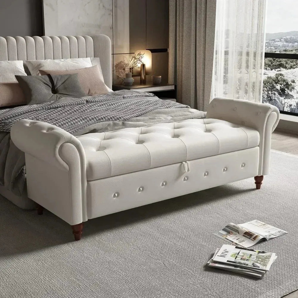 Storage Ottoman Bench, End of Bed Button Tufted Ottoman Bench, Rolled Armed Ottoman Couch Long Bench for Bedroom, Living Room - Home Fusion